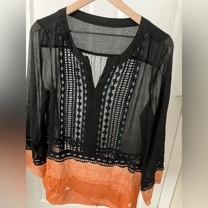 New WHBM sheer top with lace in black and orange. Size: small